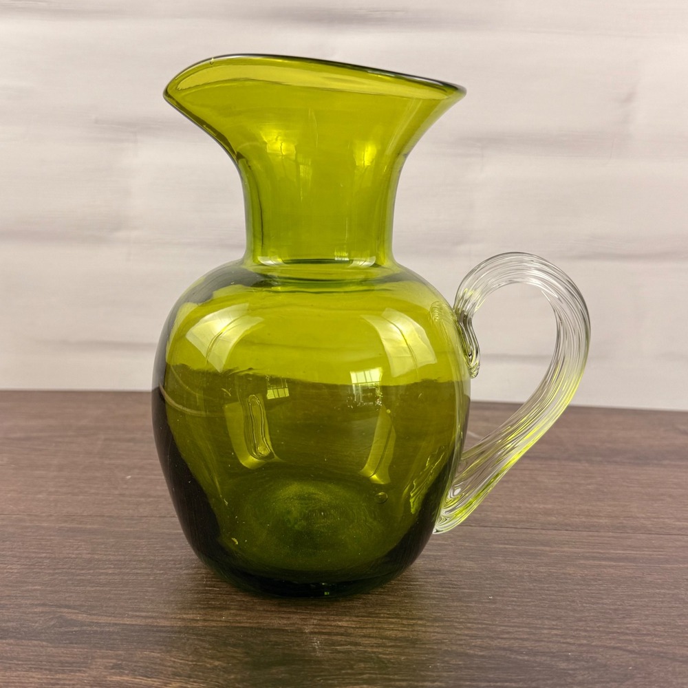 Blenko 9804 Kiwi Green Glass Pitcher Matt Carter Crystal Handle Vintage